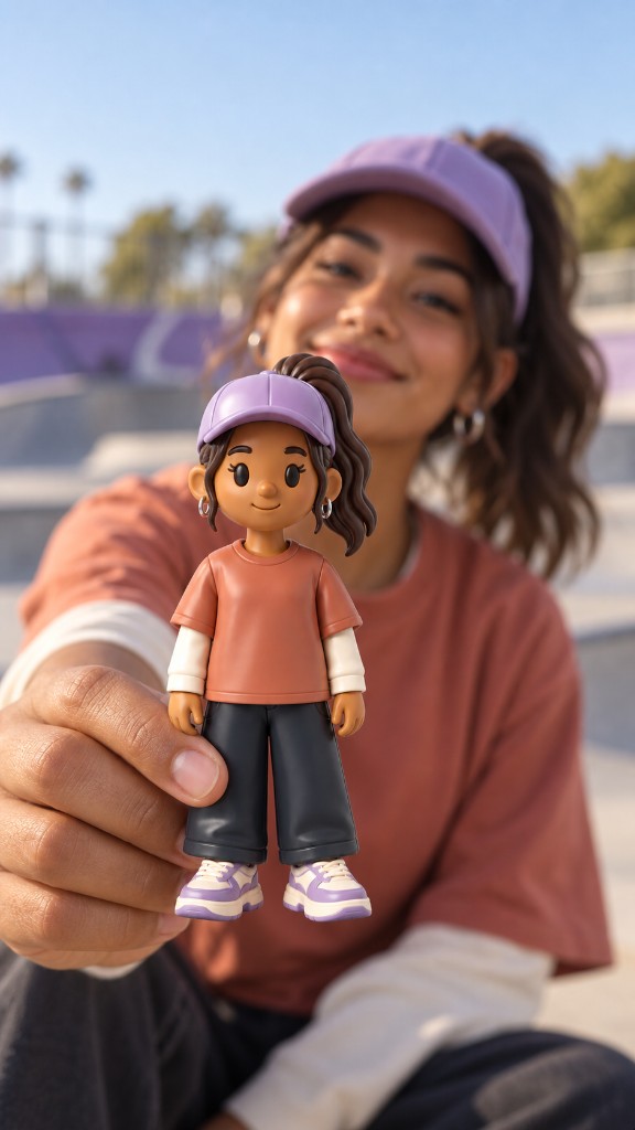 Eine Frau hält ihre personalisierte 10-cm-Designerfigur in die Kamera.