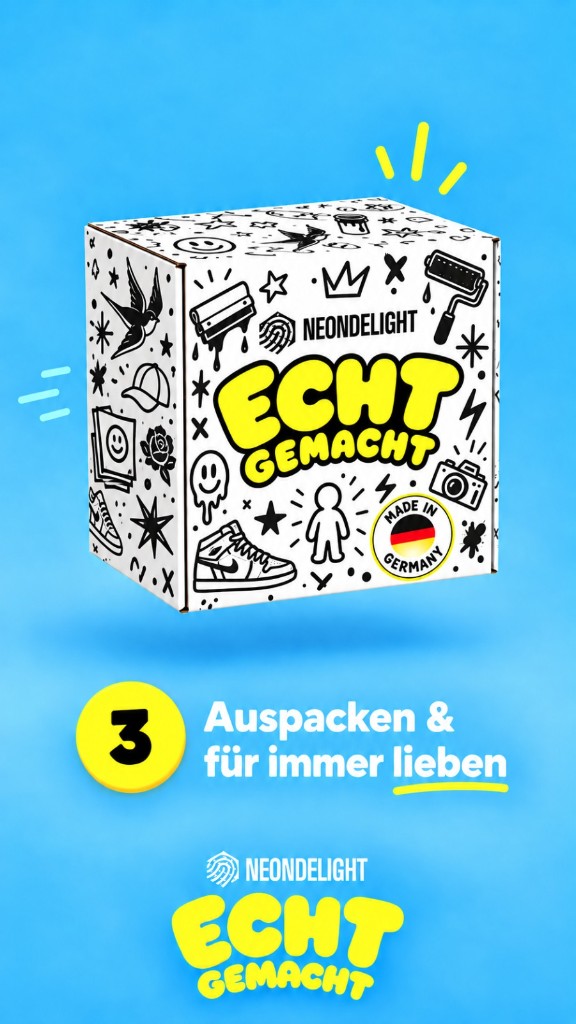 Schritt 3: Auspacken und für immer lieben. Versandkarton mit Echtgemacht-Branding.